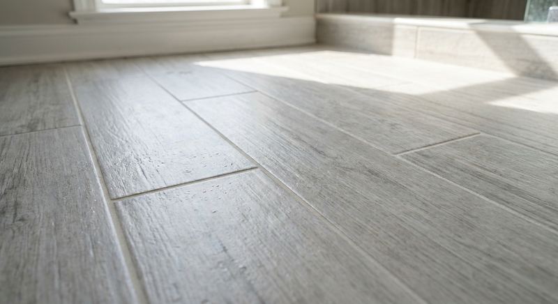 Light gray wood-look porcelain bathroom flooring installed by Trini Homes in Gainesville FL