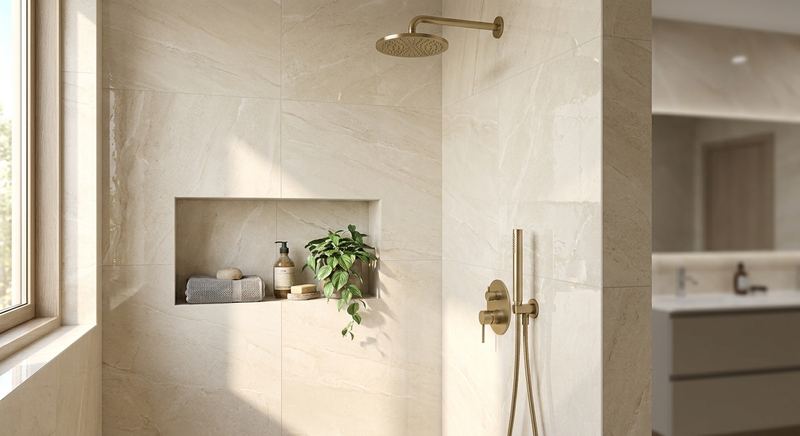 Large-format porcelain tile shower surround with niche shelf by Trini Homes in Gainesville FL