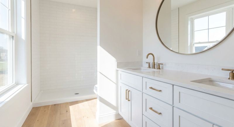 White shaker bathroom vanity with quartz countertop and brass faucet installed by Trini Homes in Gainesville FL