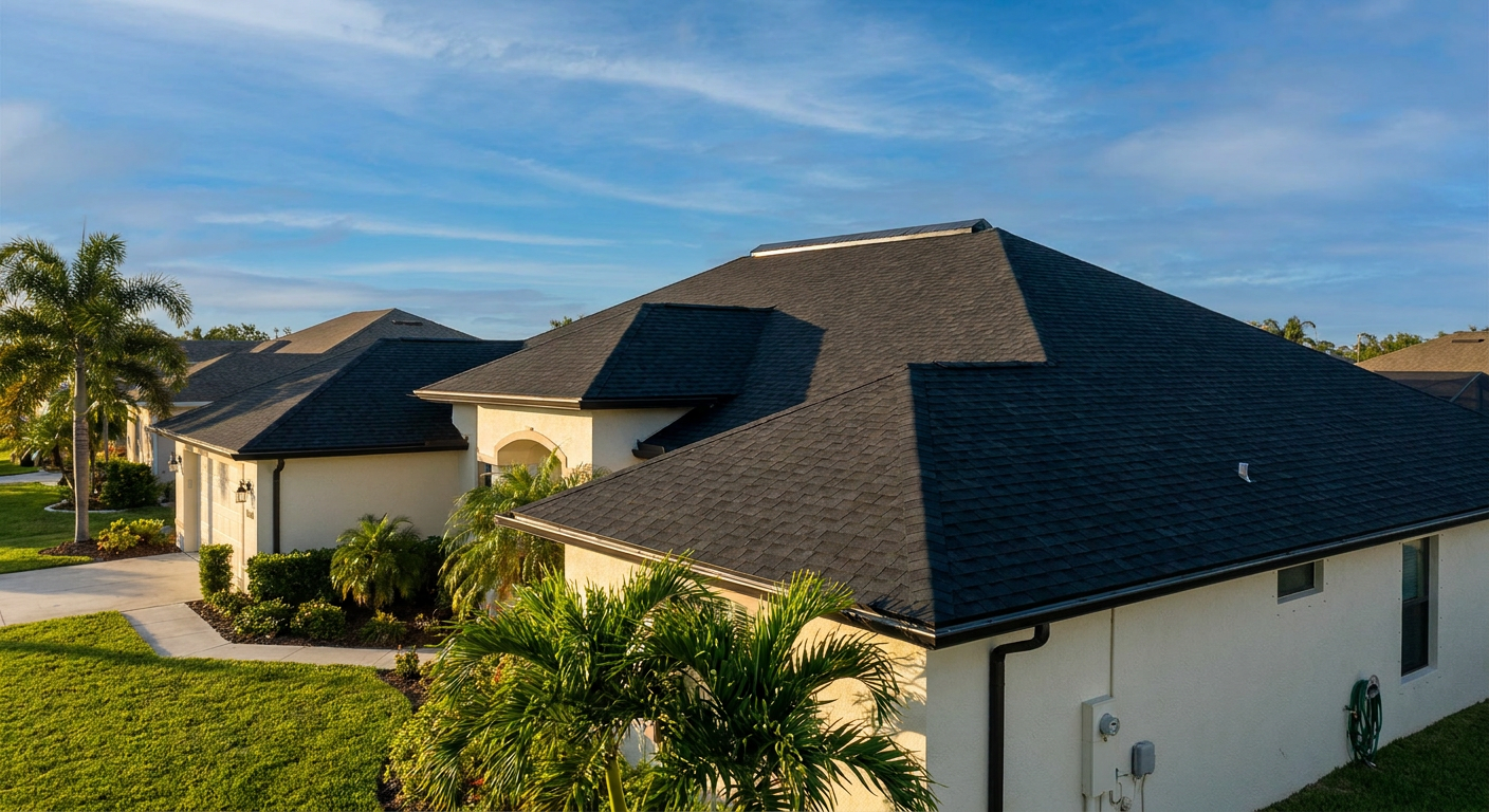 New charcoal architectural shingle roof with clean ridgeline installed by Trini Homes in Gainesville FL