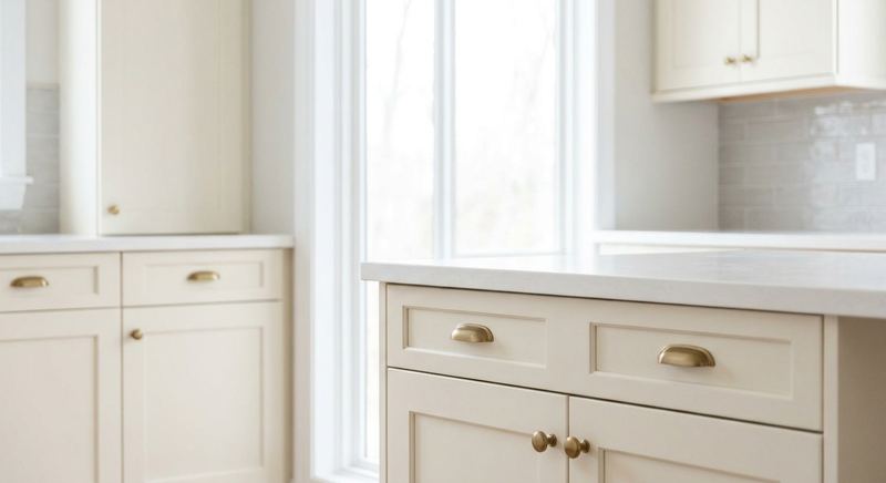Cream shaker kitchen cabinets with brass hardware installed by Trini Homes in a Gainesville FL kitchen remodel