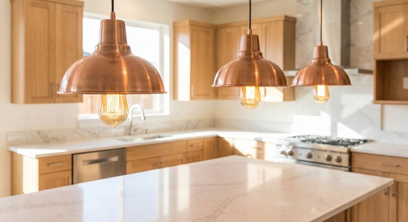Copper pendant lights over a kitchen island installed by Trini Homes in Gainesville FL