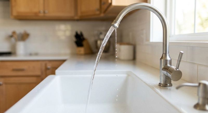 Modern stainless kitchen faucet over a farmhouse sink installed by Trini Homes in Gainesville FL